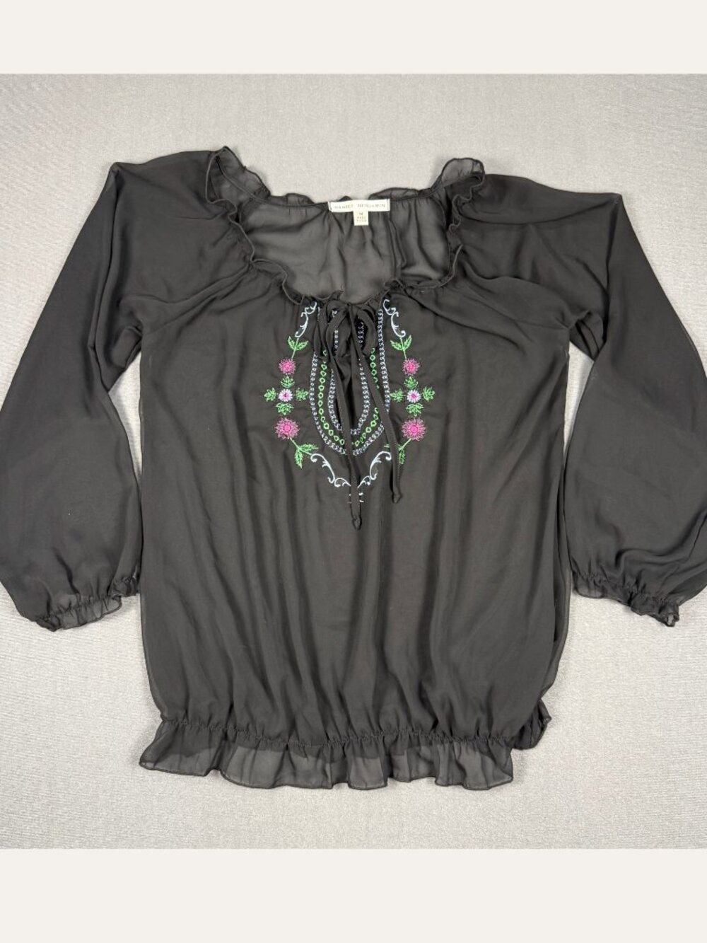 Daniel Benjamin Black Embroidered Peasant Blouse Women’s M Boho Made in USA